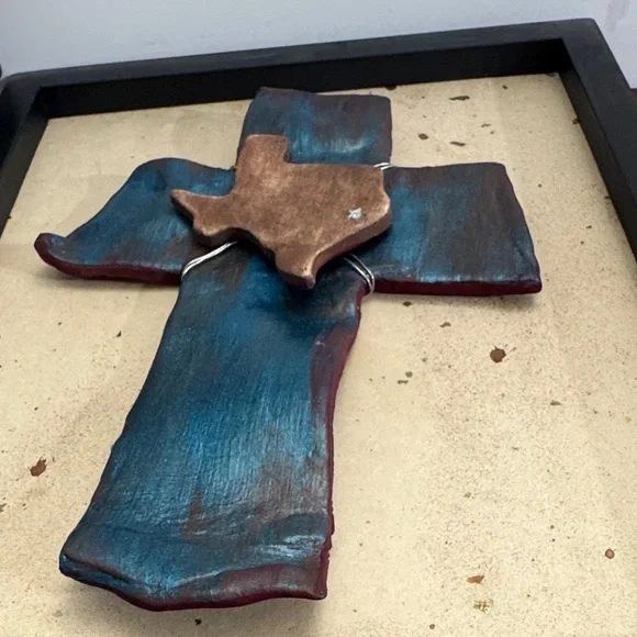 Framed, handmade, mixed-media cross featuring the outline of the state of Texas - Picture 8 of 11